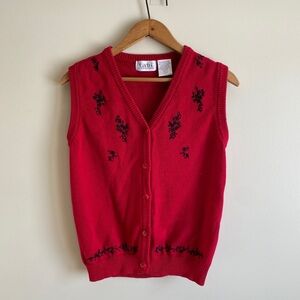 Vintage Tabi Embroidered Knit Cardigan Vest Red Button